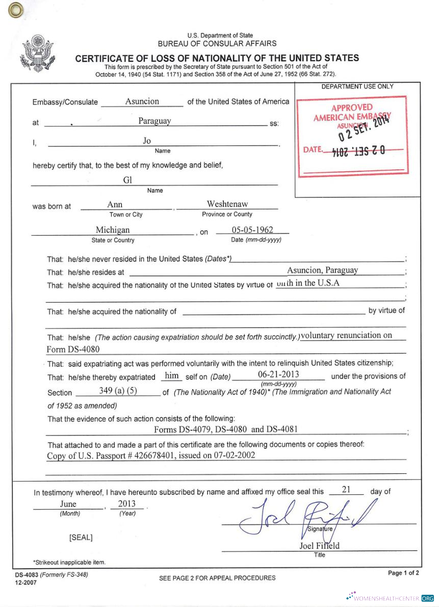 Download USA certificate of loss of nationality Photoshop template